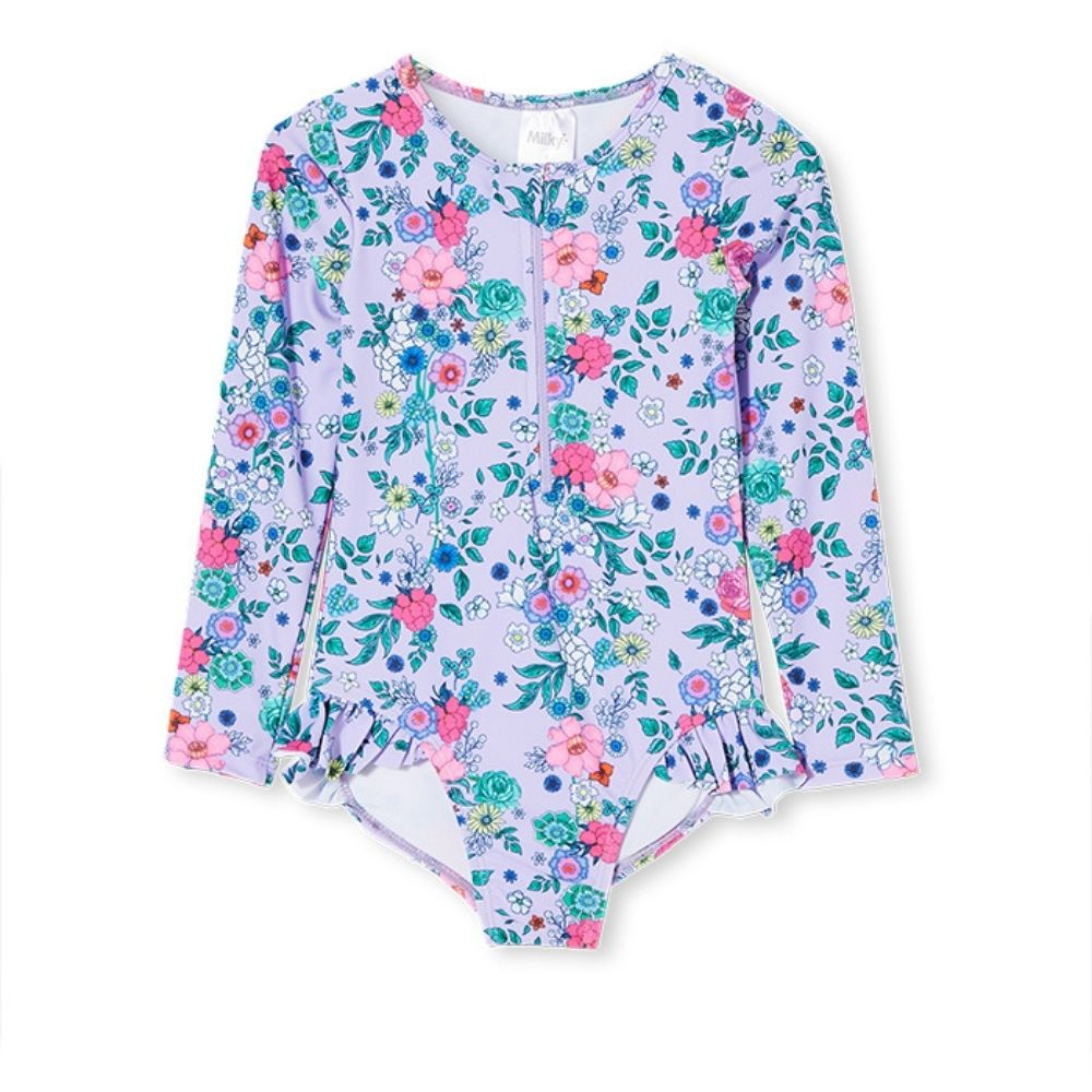 Milky Lilac Floral Long Sleeve Swimsuit