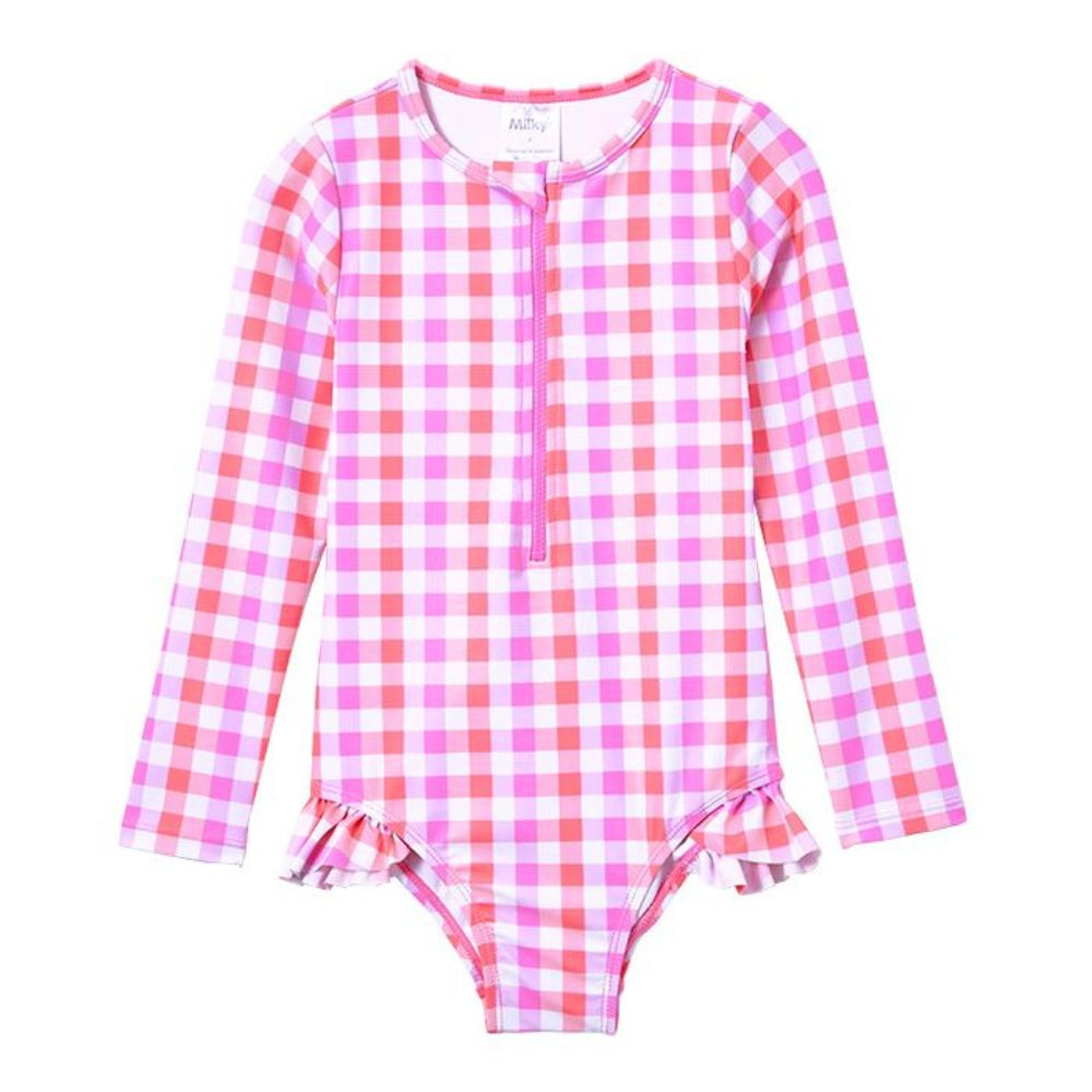 Milky Neon Gingham Long Sleeve Swimsuit