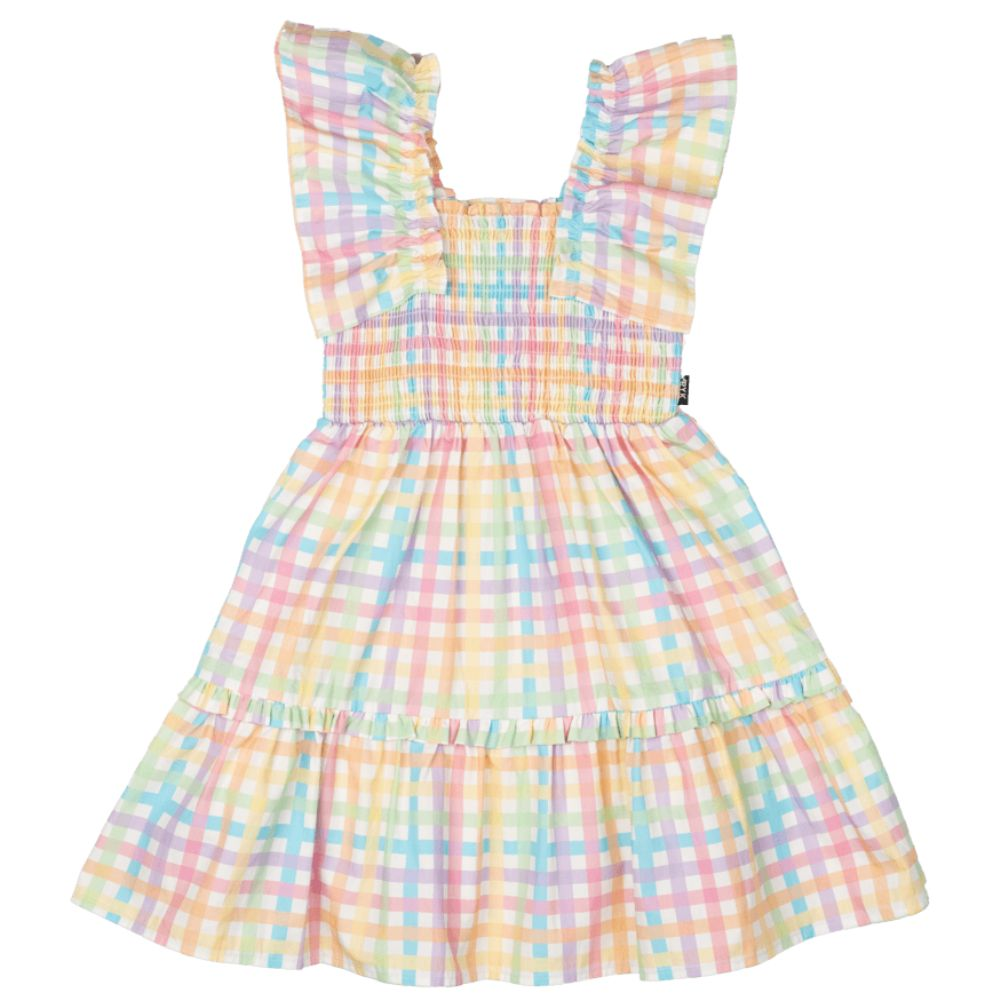 Rock Your Kid Rainbow Plaid Shirred Dress
